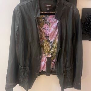 Danier Black Leather Jacket with Pink & Olive Floral Lining